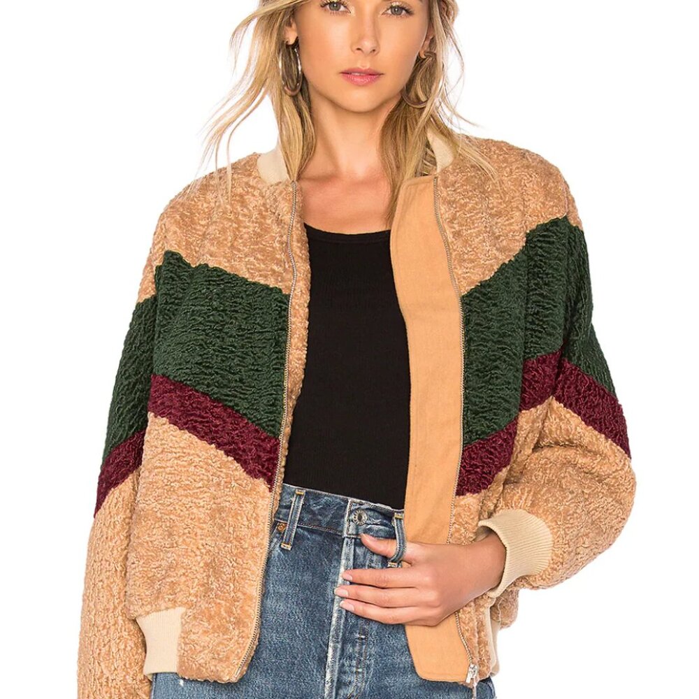 REVOLVE X J.O.A. Colorblock Teddy Faux Fur Jacket In Beige‎ & Forest SZ Small - Picture 3 of 11